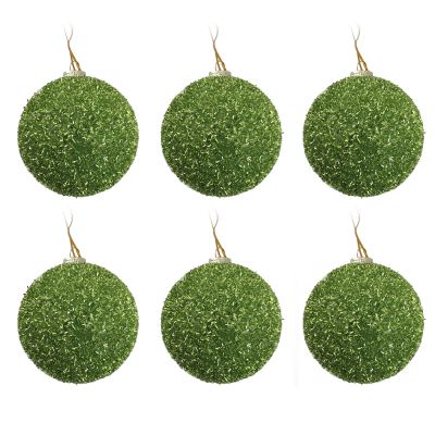 Small Green Tinsel Bauble Christmas Tree Decoration 7.5cm - Set of 6