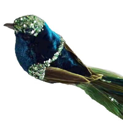Green Velvet Bird Clip with Feather Tail
