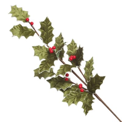 Traditional Green Velvet Holly Leaf Christmas Spray with Red Berries