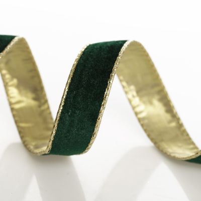 Green Velvet Gold Trim Wired Ribbon
