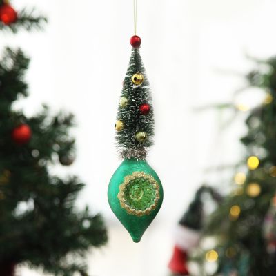 Green Vintage Glass Christmas Finial with Tree