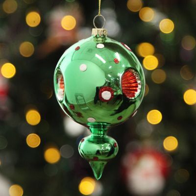 Green Vintage Glass Christmas Round Finial with Dots