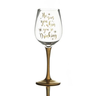 Personalised 'He Sees you When You're Drinking' Christmas Wine Glass - Gold Stem