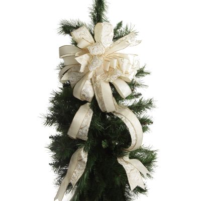 Ivory and Gold Glitter Deluxe Tree Topper Bow with Streamers