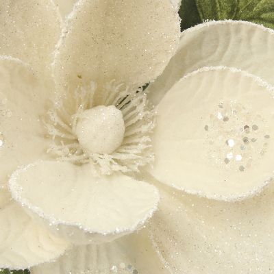 Ivory Glitter Magnolia Flower Clip with Green Leaves