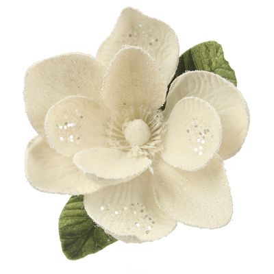 Ivory Glitter Magnolia Flower Clip with Green Leaves