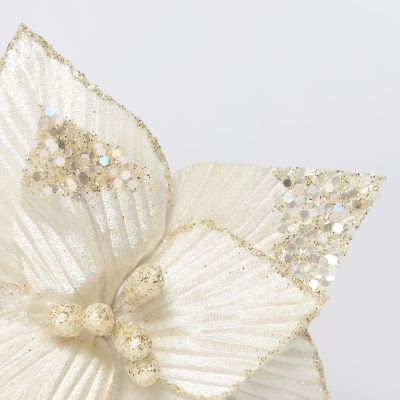 Ivory Poinsettia Flower Clip with Gold Trim and Sequins