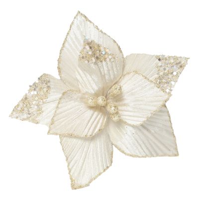 Ivory Poinsettia Flower Clip with Gold Trim and Sequins