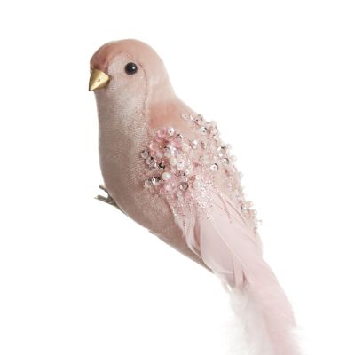 Large Elegant Pink Velvet Bird with Sequins and Feather Tail