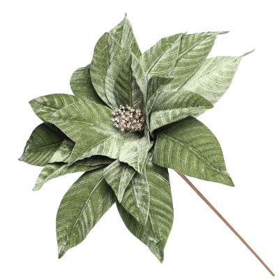 Large Sage Green Velvet Poinsettia Flower Stem With Silver Centre