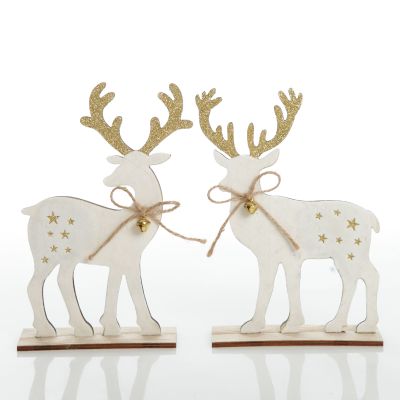 Large White Wood Deers with Gold Glitter Ornaments -Set of 2 