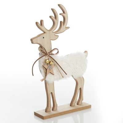 Large Wood Reindeer with Fur Christmas Ornament and Neck Tie
