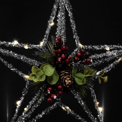 Lightup Silver Tinsel Wire 3D Star Tree Topper with Cone and Berry