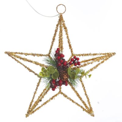 Lightup Gold Tinsel Wire 3D Star Tree Topper with Cone and Berry
