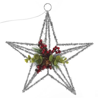 Lightup Silver Tinsel Wire 3D Star Tree Topper with Cone and Berry