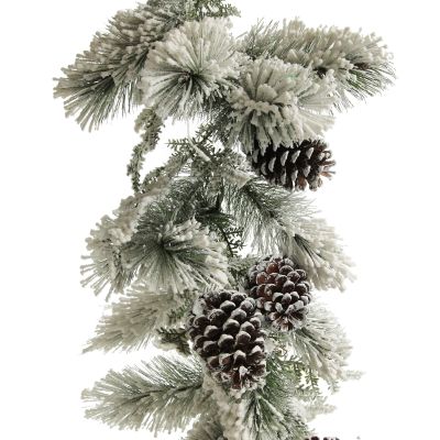 Lush Flocked Green Pine Christmas Garland with Pinecones