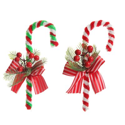 Medium Chenille Stick Christmas Candy Cane with Pine and Berries - Set of 2