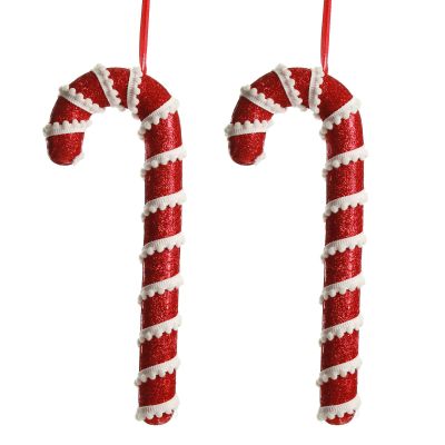 Medium Red Glitter with Braid and Twine Candy Cane Christmas Decoration - Set of 2