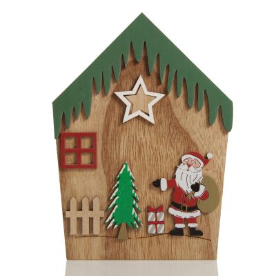 Medium Plywood Winter Christmas Decorated House Open Box