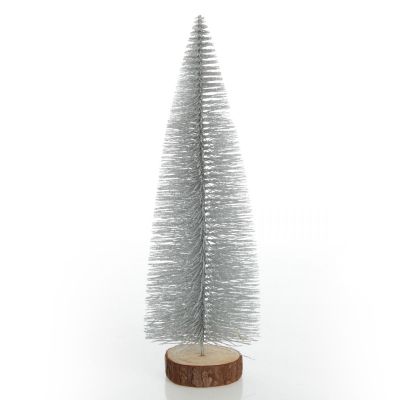 Medium Silver Bottle Brush Christmas Tree on Wooden Base