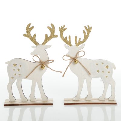 Medium White Wood Deers with Gold Glitter Ornaments -Set of 2 