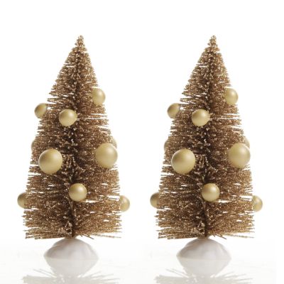 Mini Antique Gold Bottle Brush Tree with Pearls - Set of 2