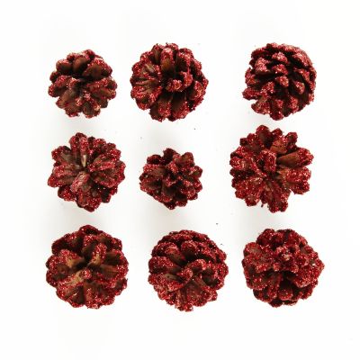 Mini Red Glitter Tipped Natural Pincones Pack of 9 Whole Image Detail