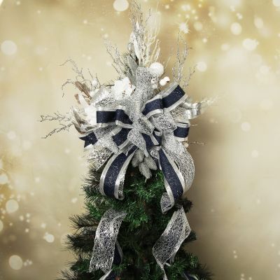 Navy Blue and Silver Deluxe Tree Topper Bow with Streamers