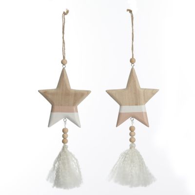 Natural and White Wooden Stars with Tassels Tree Decorations - Set of 2