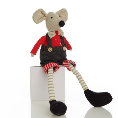 Natural Calico Fabric Boy Mouse with Grey Overalls and Stripey Legs front detail