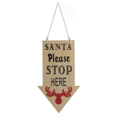 Natural Wood Santa Please Stop Here Arrow Sign - Red Reindeer