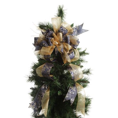 Navy and Gold Glitter Deluxe Tree Topper Bow with Streamers
