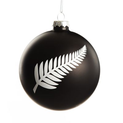 NZ Silver Fern Black Glass Personalised Christmas Bauble