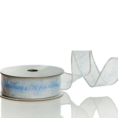 Organza Silver and Blue Seasons Greetings Wired Ribbon - 3.8cm