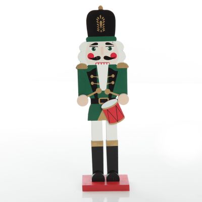Painted Green Drummer Plywood Nutcracker Christmas Ornament on Base