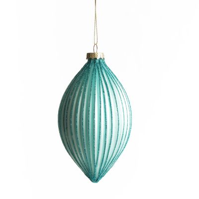 Pale Blue Glass Ribbed Teardrop Christmas Bauble