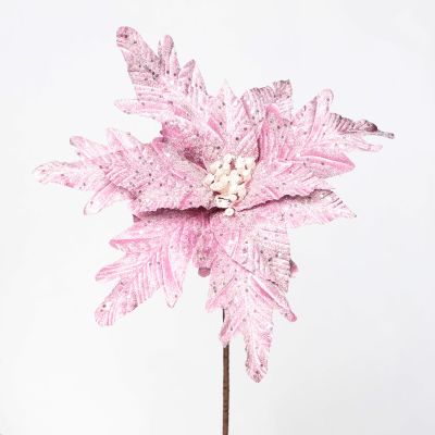 Pale Pink Glitter Velour Poinsettia Flower Stem