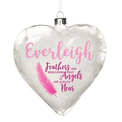 Personalised Feather Glass Heart - Feathers are Reminders - Pink