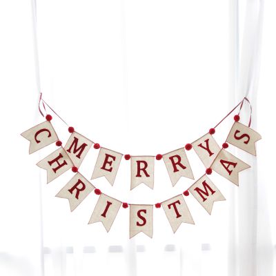 Natural Linen and Red Merry Christmas Bunting with Pom Poms