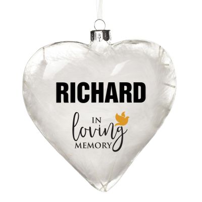 Personalised White Feather Glass Heart - In Loving Memory