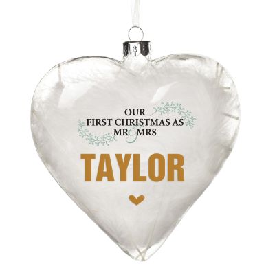 Personalised White Feather Glass Heart - Our First Christmas as Mr & Mrs
