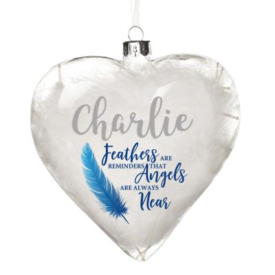 Personalised Feather Glass Heart - Feathers are Reminders - Blue