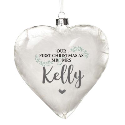 Personalised White Feather Glass Heart - Our First Christmas as Mr & Mrs
