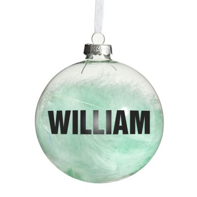 Personalised Blue Feather Clear Glass Christmas Bauble