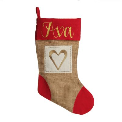 Burlap and Linen Heart Stocking with Red Trim
