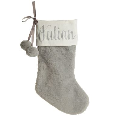 Personalised Grey Fur Christmas Stocking with Pom Poms whole product