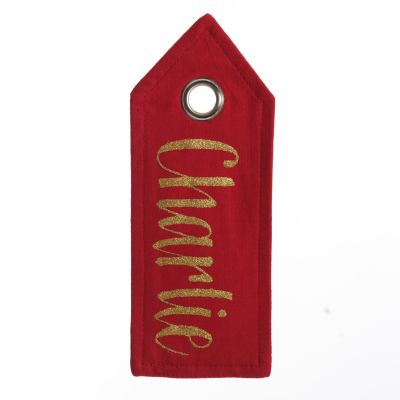 Personalised Red Linen Santa Sack Tag - Gold GLitter