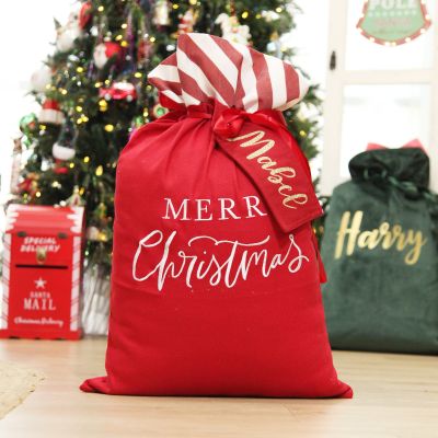 Personalised Red Merry Christmas Santa Sack with Candy Cane Stripe Trim - Red Tag, Style 7 in Gold Glitter