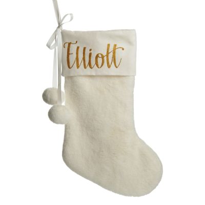 Personalised White Fur Christmas Stocking with Pom Poms