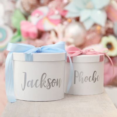 Personalised White Round Gift Box with Baby Blue Ribbon Bow